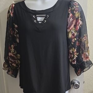 Adele & May Black Blouse with Sheer Floral Sleeves Size XL